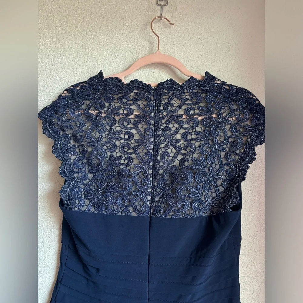 Xscape Navy Blue Lace Cap Sleeve Bodycon Jersey Special Occasion Sheath Dress 10 - Picture 7 of 12